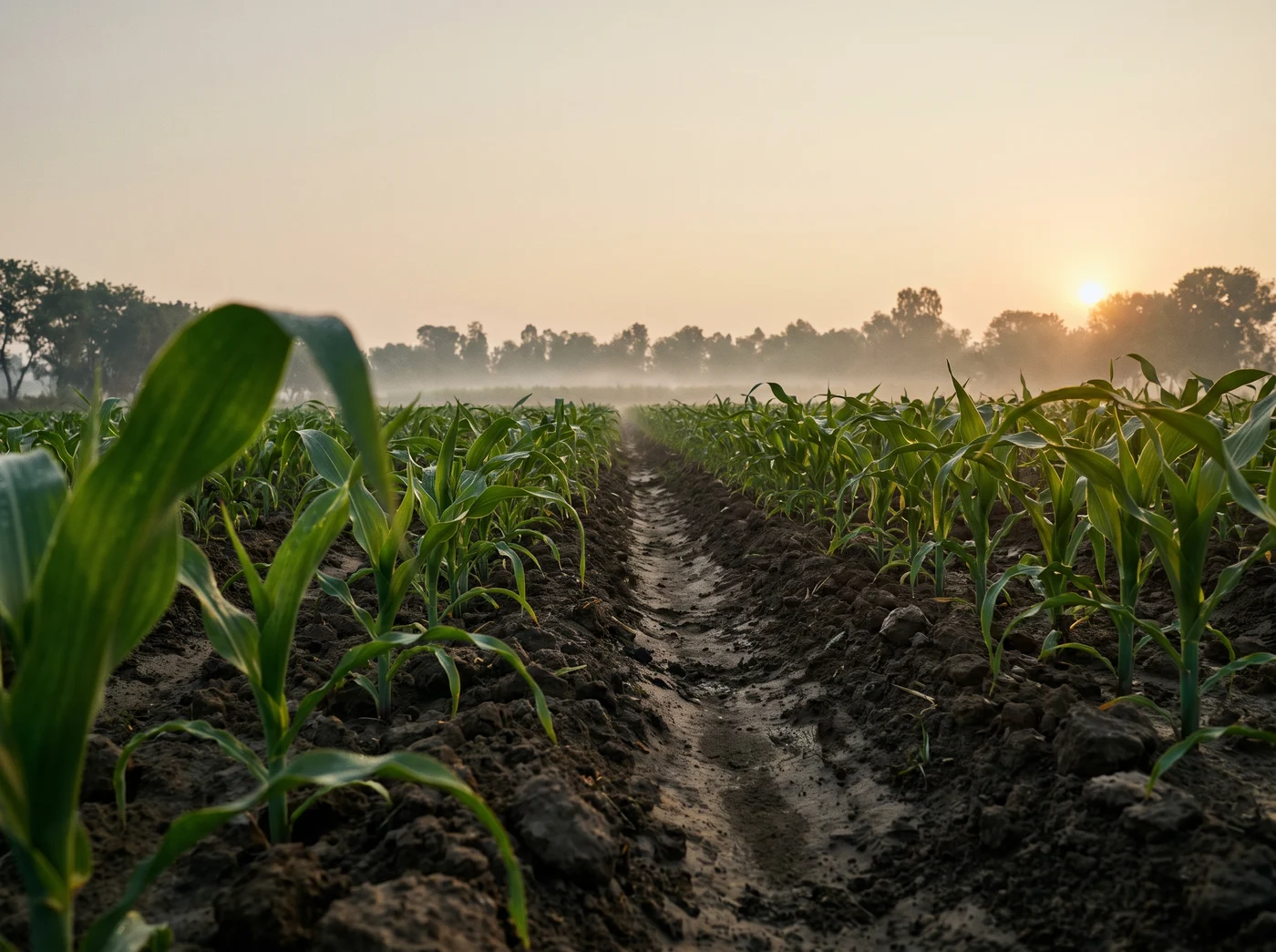 Rows of young green crops in warm morning light