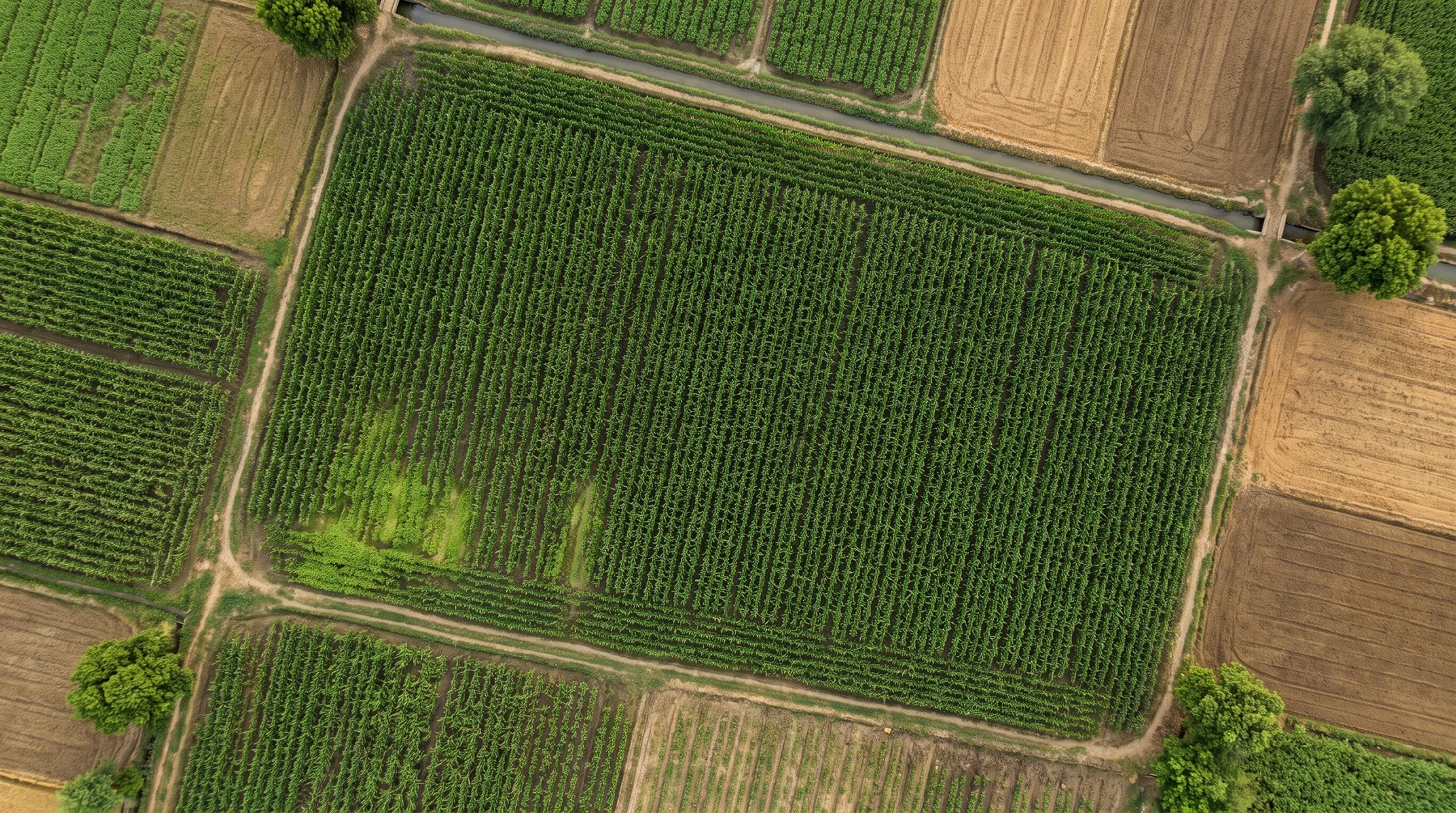 Illustrative overhead view of crop rows, field paths and an irrigation channel