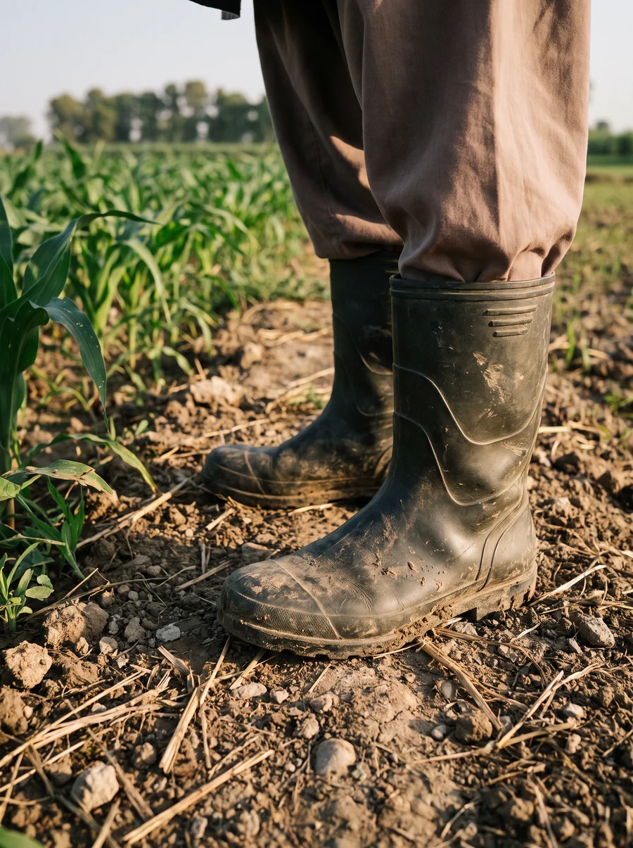 Worn work boots on the soil beside growing crops