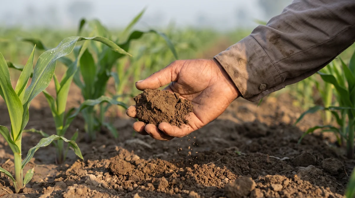 A farmer checking crumbly soil beside young maize plants